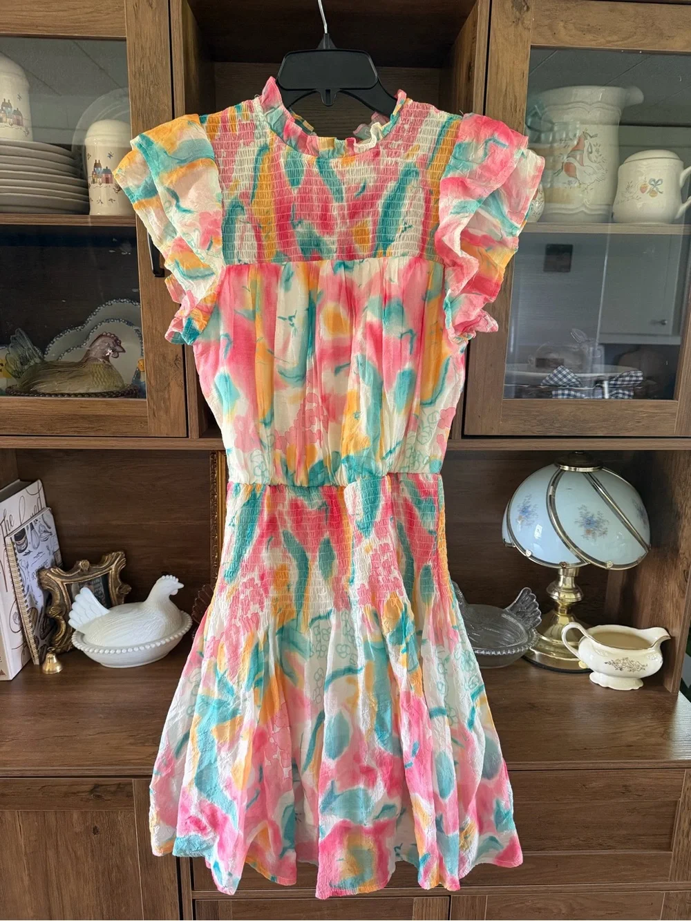 Entro Pastel Watercolor Floral Smocked Mini Dress Ruffle Flutter Sleeve Small